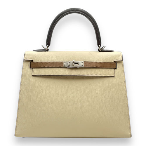 Tricolor Sellier Kelly 25 Nata/Chai/Gris in Epsom, Palladium hardware