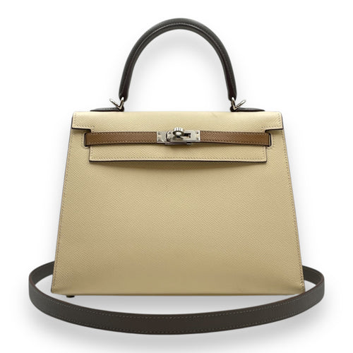 Tricolor Sellier Kelly 25 Nata/Chai/Gris in Epsom, Palladium hardware