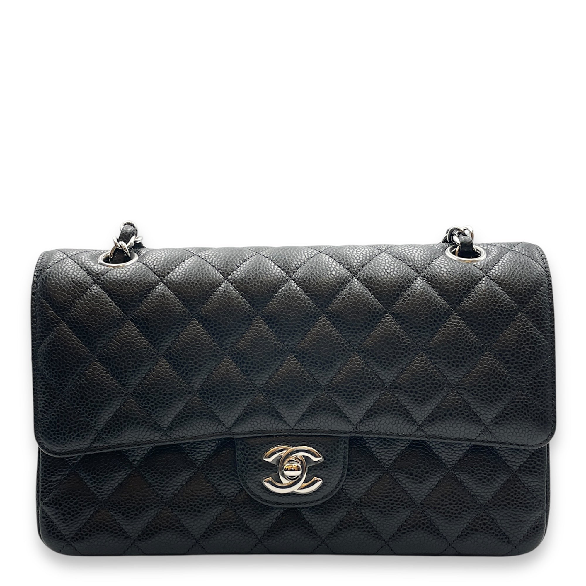 Classic Double Flap Medium Black Shoulder Bag in Caviar Leather, Silver hardware