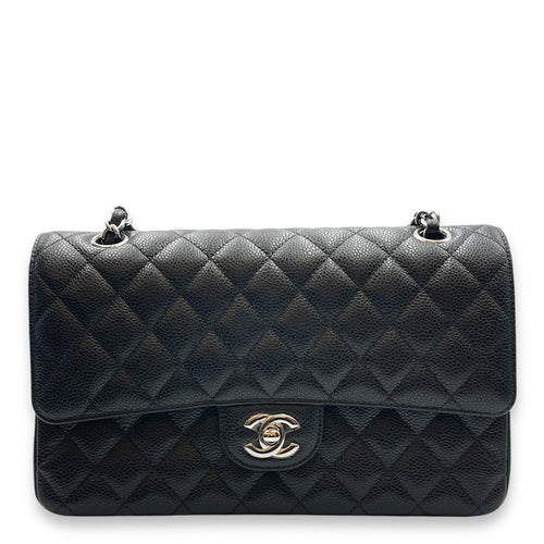 Classic Double Flap Medium Black Shoulder Bag in Caviar Leather, Silver hardware