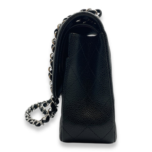 Classic Double Flap Medium Black Shoulder Bag in Caviar Leather, Silver hardware