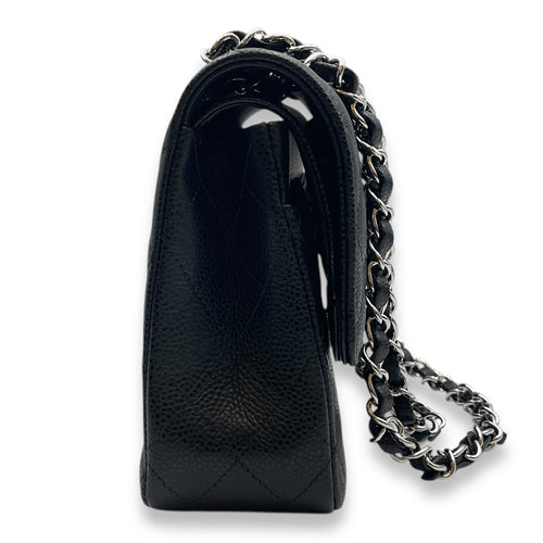 Classic Double Flap Medium Black Shoulder Bag in Caviar Leather, Silver hardware