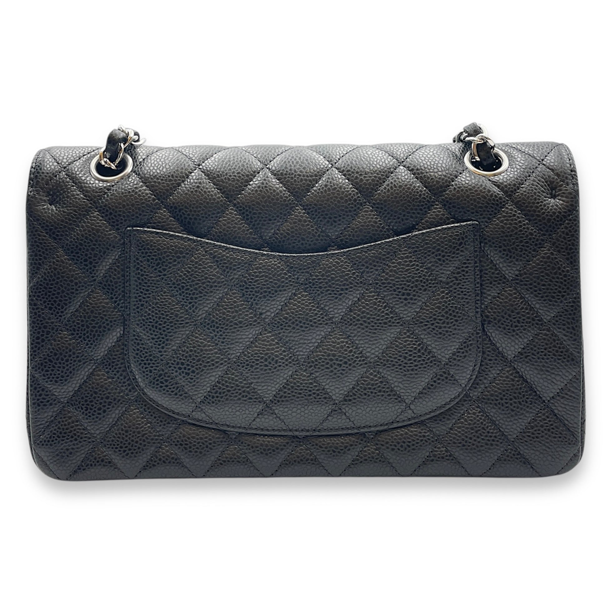 Classic Double Flap Medium Black Shoulder Bag in Caviar Leather, Silver hardware