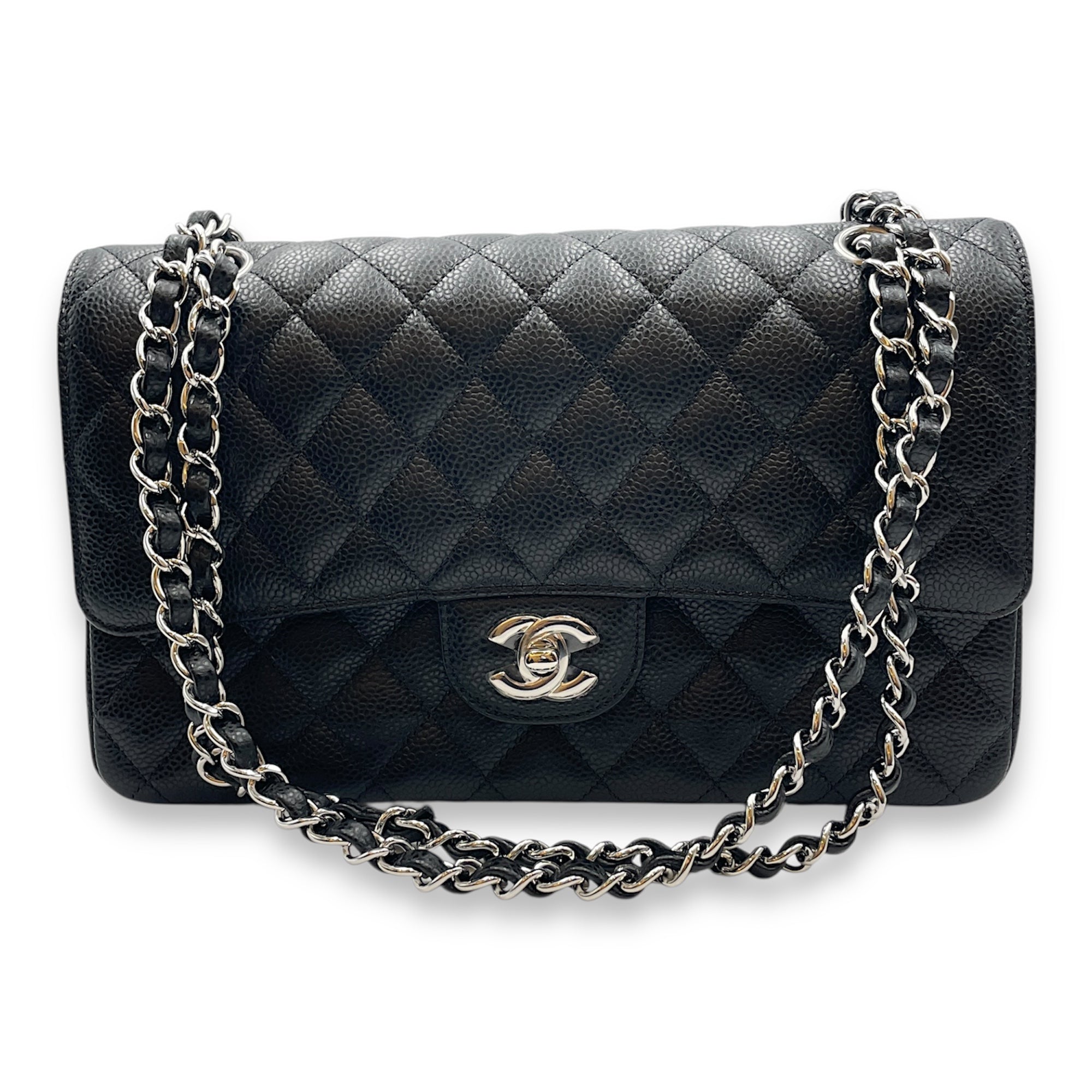 Classic Double Flap Medium Black Shoulder Bag in Caviar Leather, Silver hardware