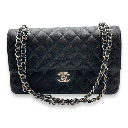 Classic Double Flap Medium Black Shoulder Bag in Caviar Leather, Silver hardware