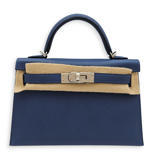 Sellier Kelly 20 Blue Tie in Epsom, Palladium hardware