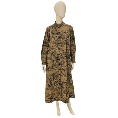Jungle Print Toile De Jouy Long Sleeved Dress (Missing Belt) 38 Beige Ready-to-Wear in Cotton