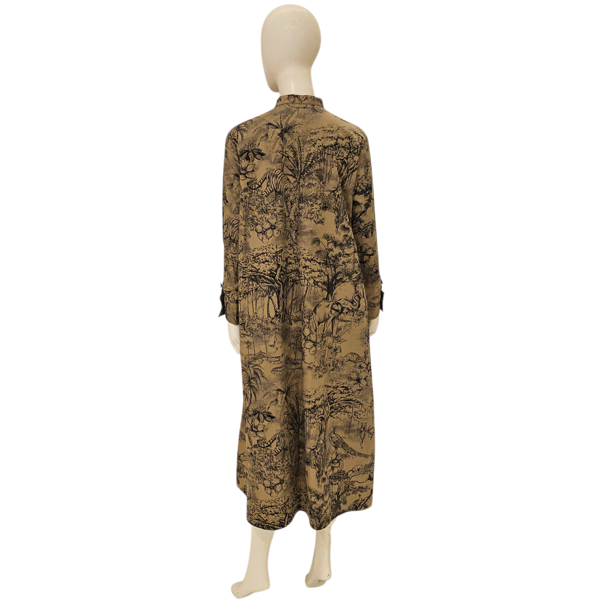 Jungle Print Toile De Jouy Long Sleeved Dress (Missing Belt) 38 Beige Ready-to-Wear in Cotton