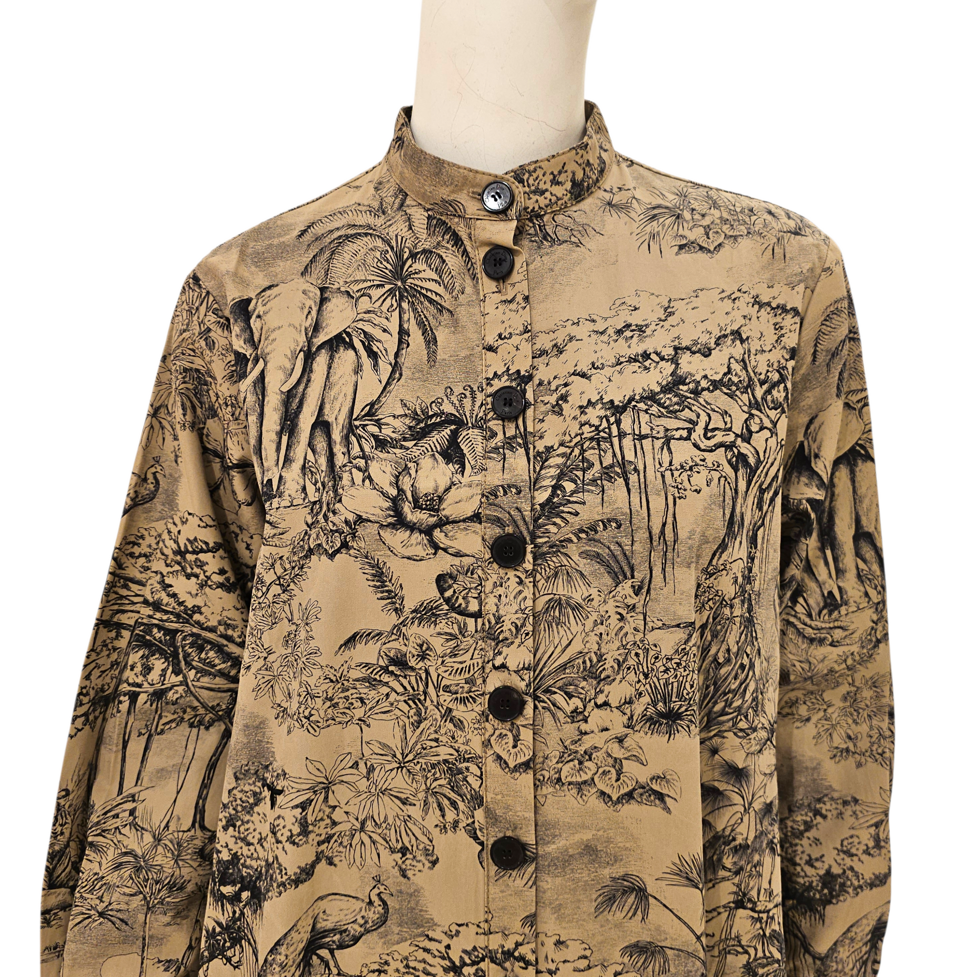 Jungle Print Toile De Jouy Long Sleeved Dress (Missing Belt) 38 Beige Ready-to-Wear in Cotton