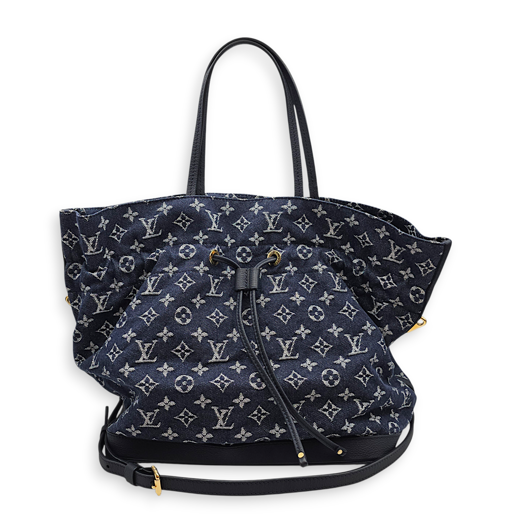 Monogram Noe MM Denim Blue Shoulder Bag , Gold hardware