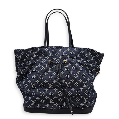 Monogram Noe MM Denim Blue Shoulder Bag , Gold hardware