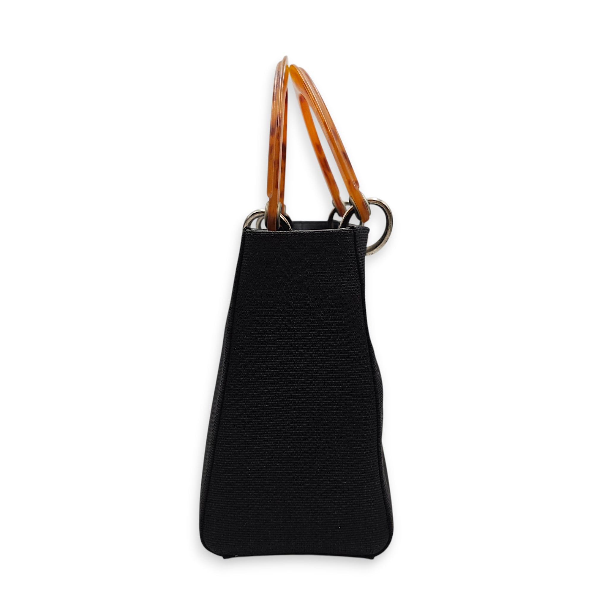 Lady Dior with Tortoise-shell Medium Black Top Handle Bag in Canvas, Silver hardware