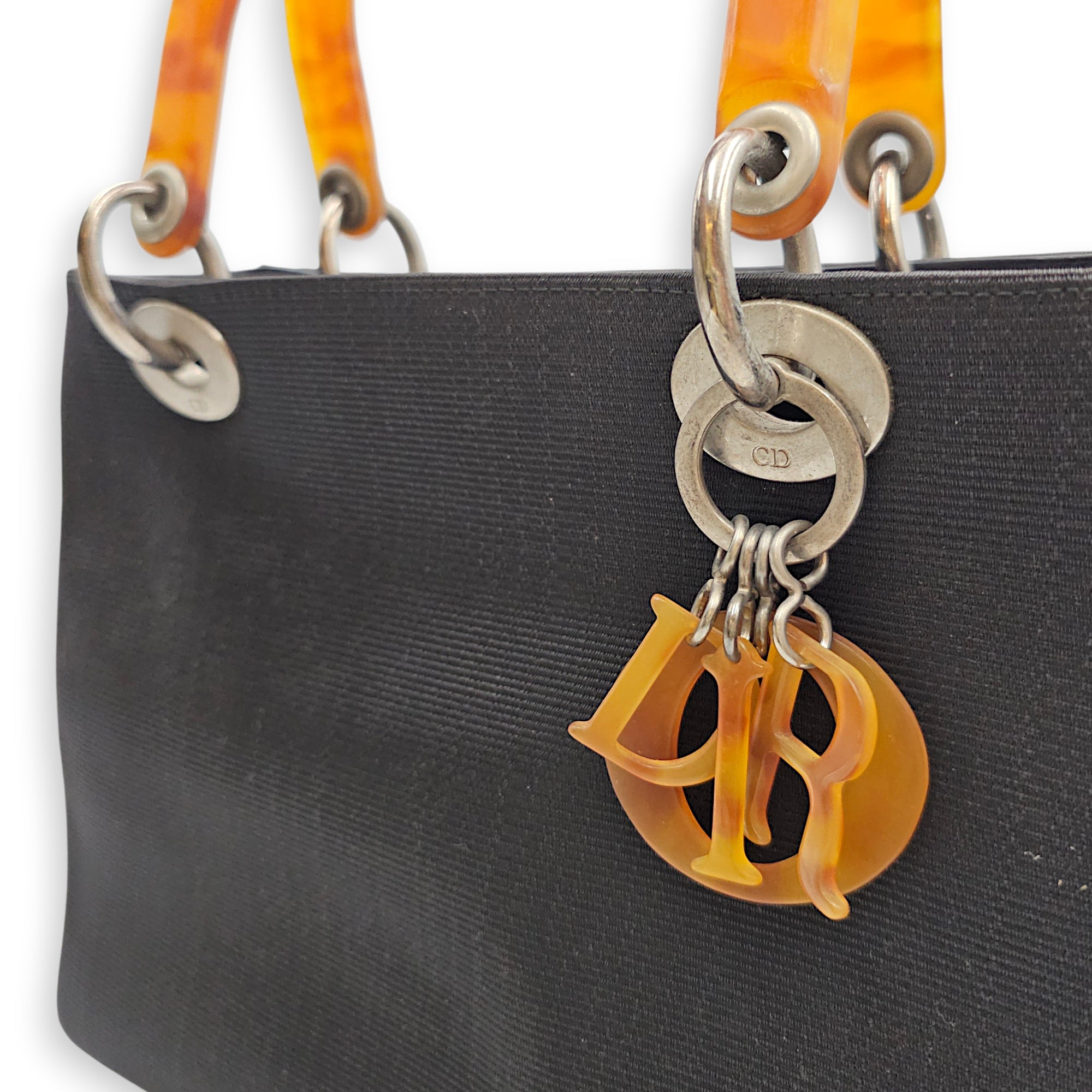 Lady Dior with Tortoise-shell Medium Black Top Handle Bag in Canvas, Silver hardware