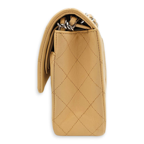 Classic Flap Medium Beige Shoulder Bag in Lambskin, Silver hardware