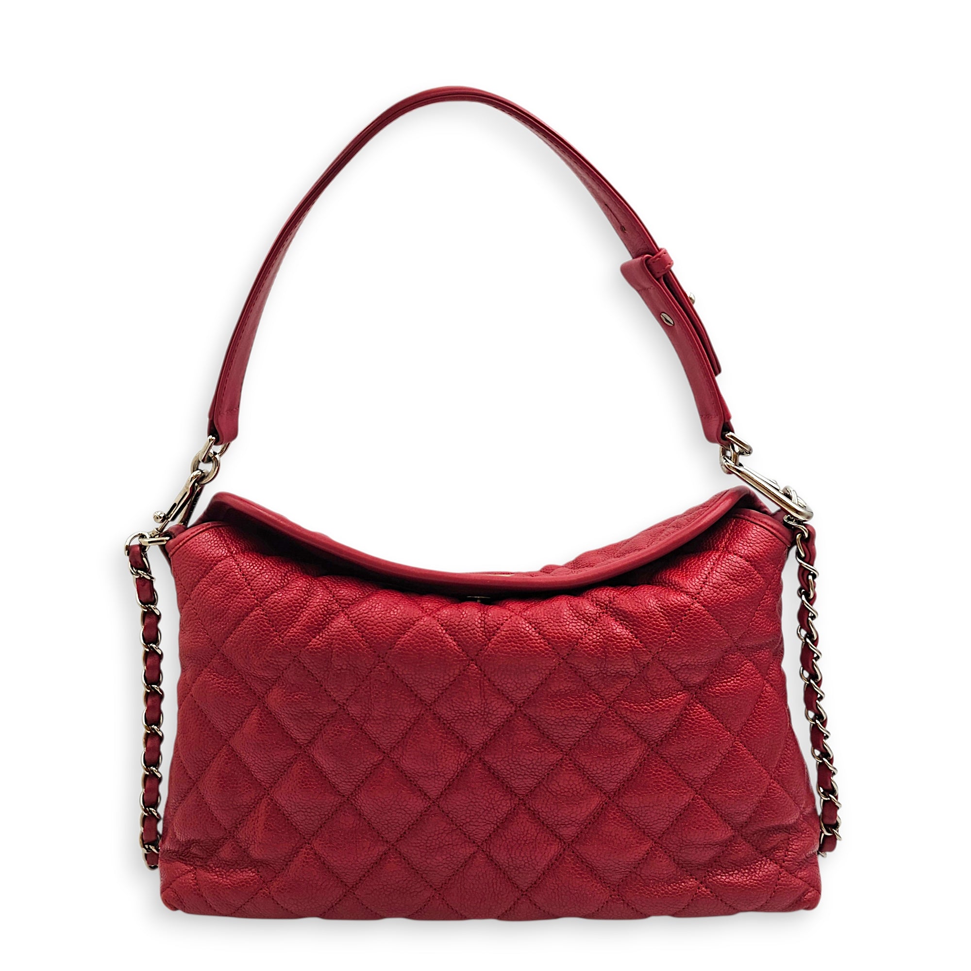 Quilted French Riviera Red Shoulder Bag in Caviar Leather, Silver hardware