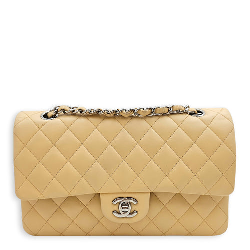 Classic Flap Medium Beige Shoulder Bag in Lambskin, Silver hardware