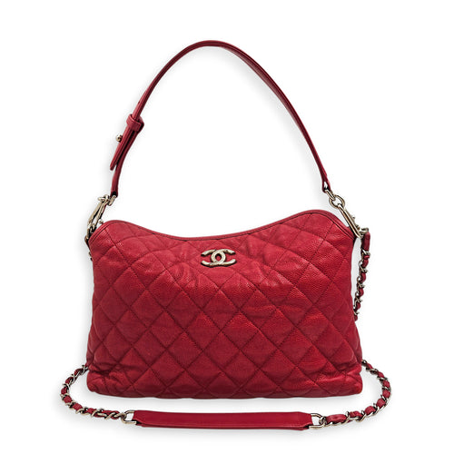 Quilted French Riviera Red Shoulder Bag in Caviar Leather, Silver hardware