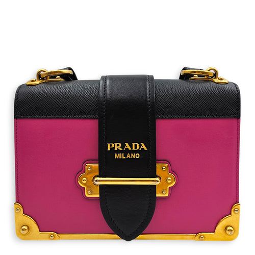 Cahier Black/Pink Shoulder Bag in Saffiano Leather, Gold hardware