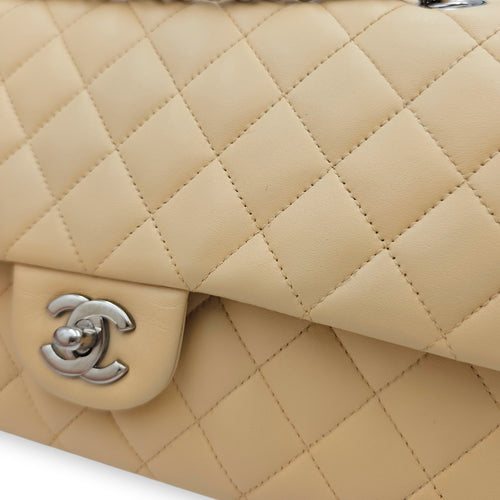 Classic Flap Medium Beige Shoulder Bag in Lambskin, Silver hardware