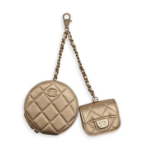 2024 Quilted Round Coin Purse and Airpods Case Metallic Gold Charm in Lambskin, Gold hardware