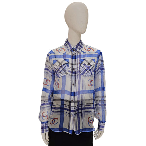 23P CC Blue & White Plaid Sheer Silk Blouse  38 Blue Ready-To-Wear in Silk