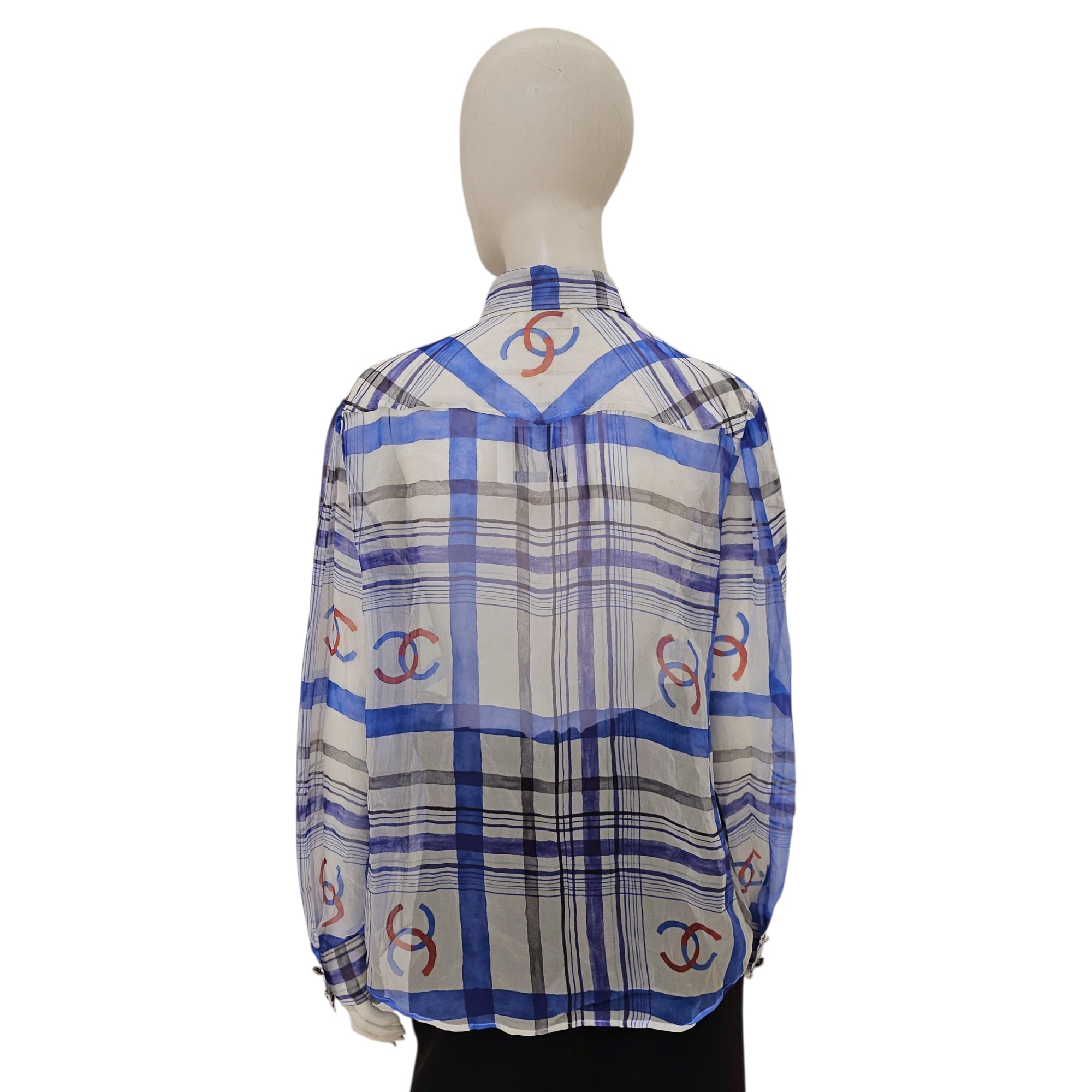 23P CC Blue & White Plaid Sheer Silk Blouse  38 Blue Ready-To-Wear in Silk