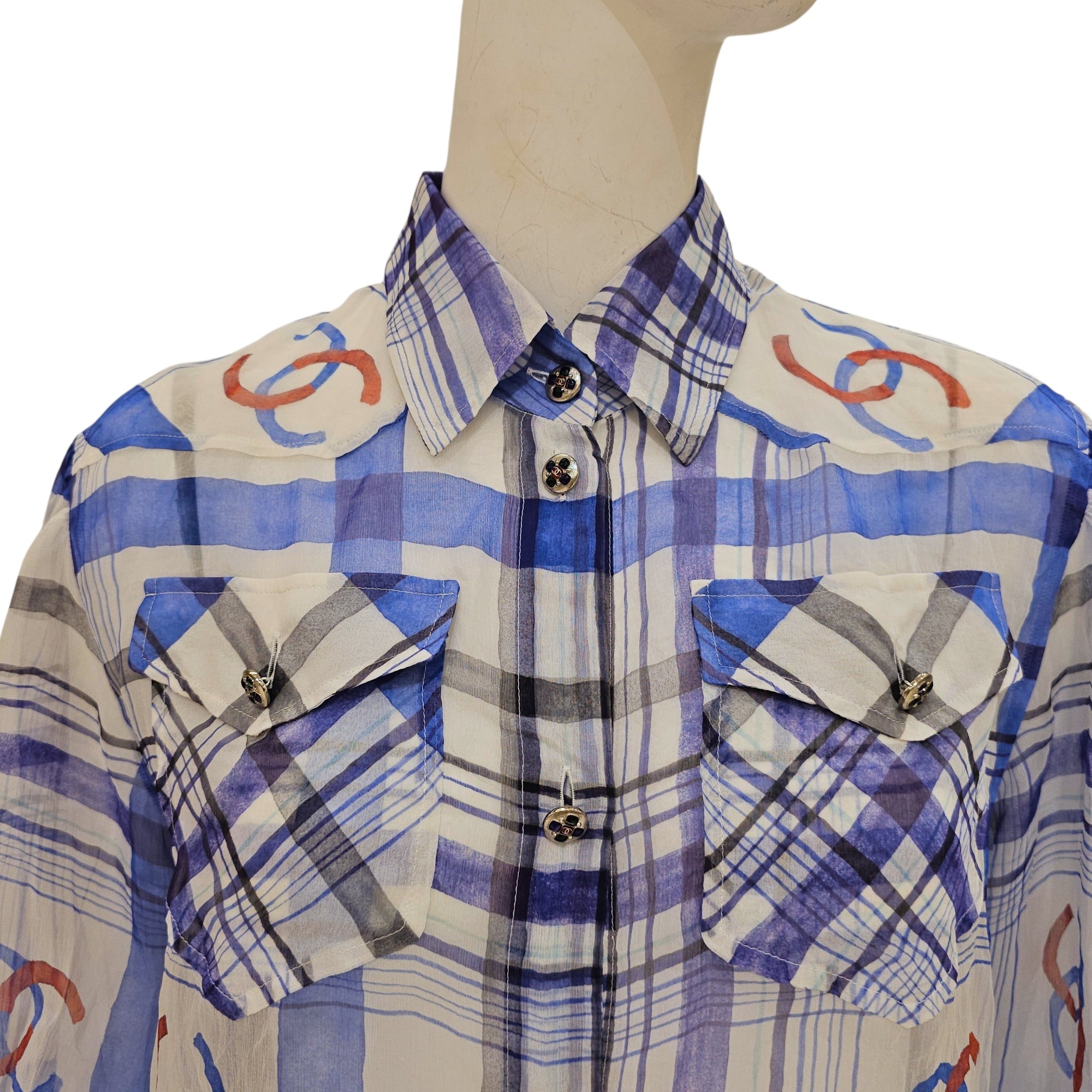 23P CC Blue & White Plaid Sheer Silk Blouse  38 Blue Ready-To-Wear in Silk
