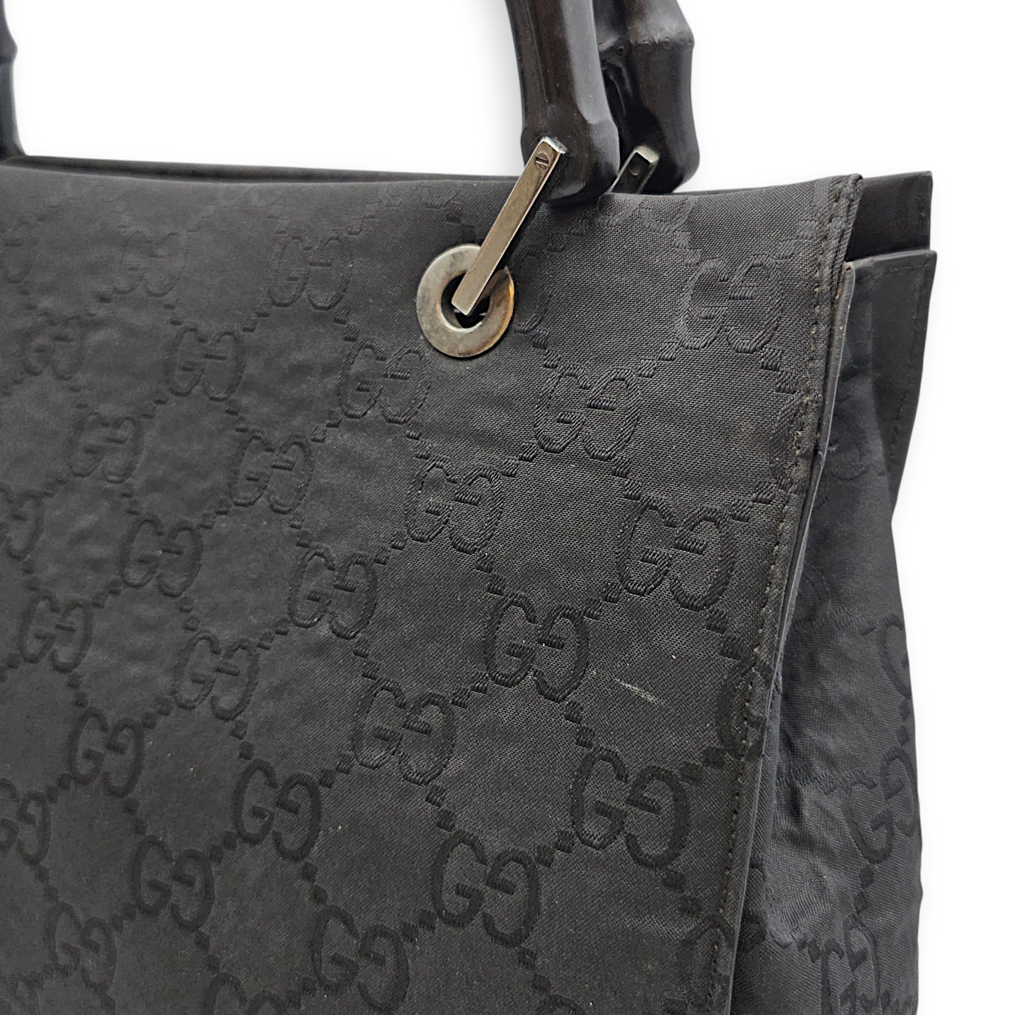 GG Bamboo Pattern  30cm  Black Top Handle Bag in Canvas Silver hardware