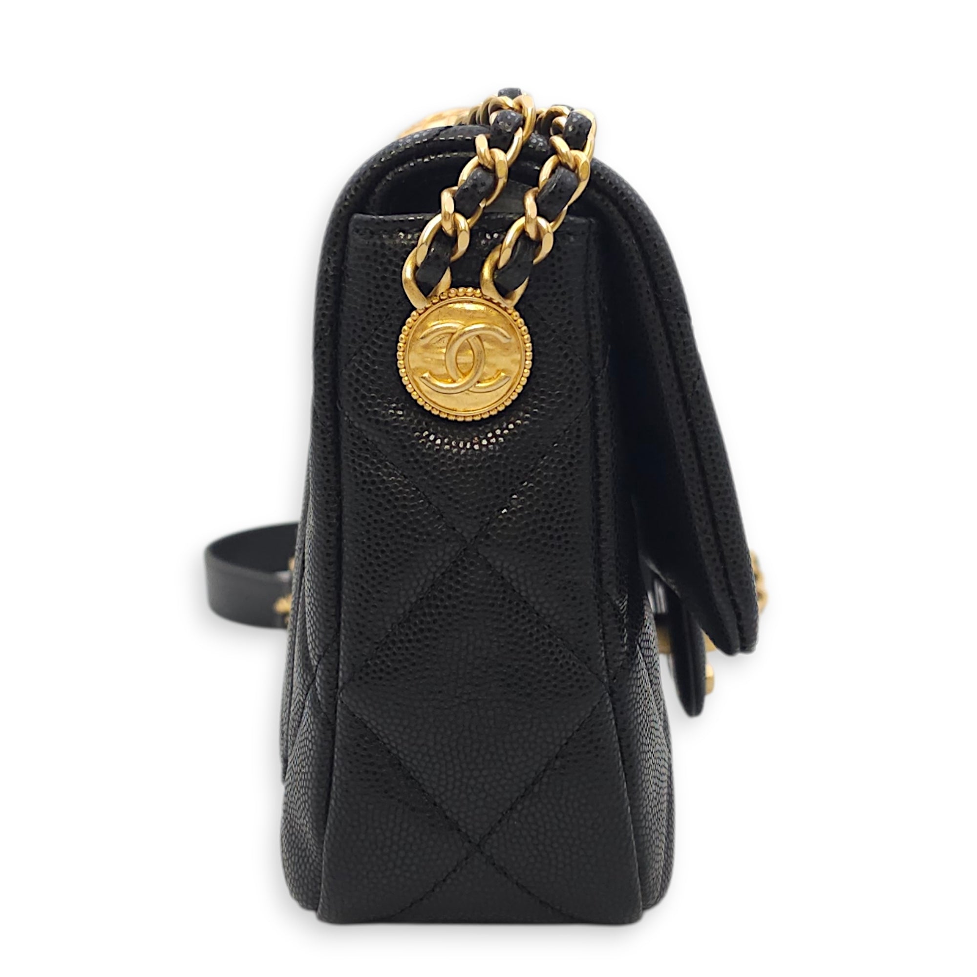 Quilted CC Coin Chain Small Black Flap Bag in Caviar Leather, Gold hardware