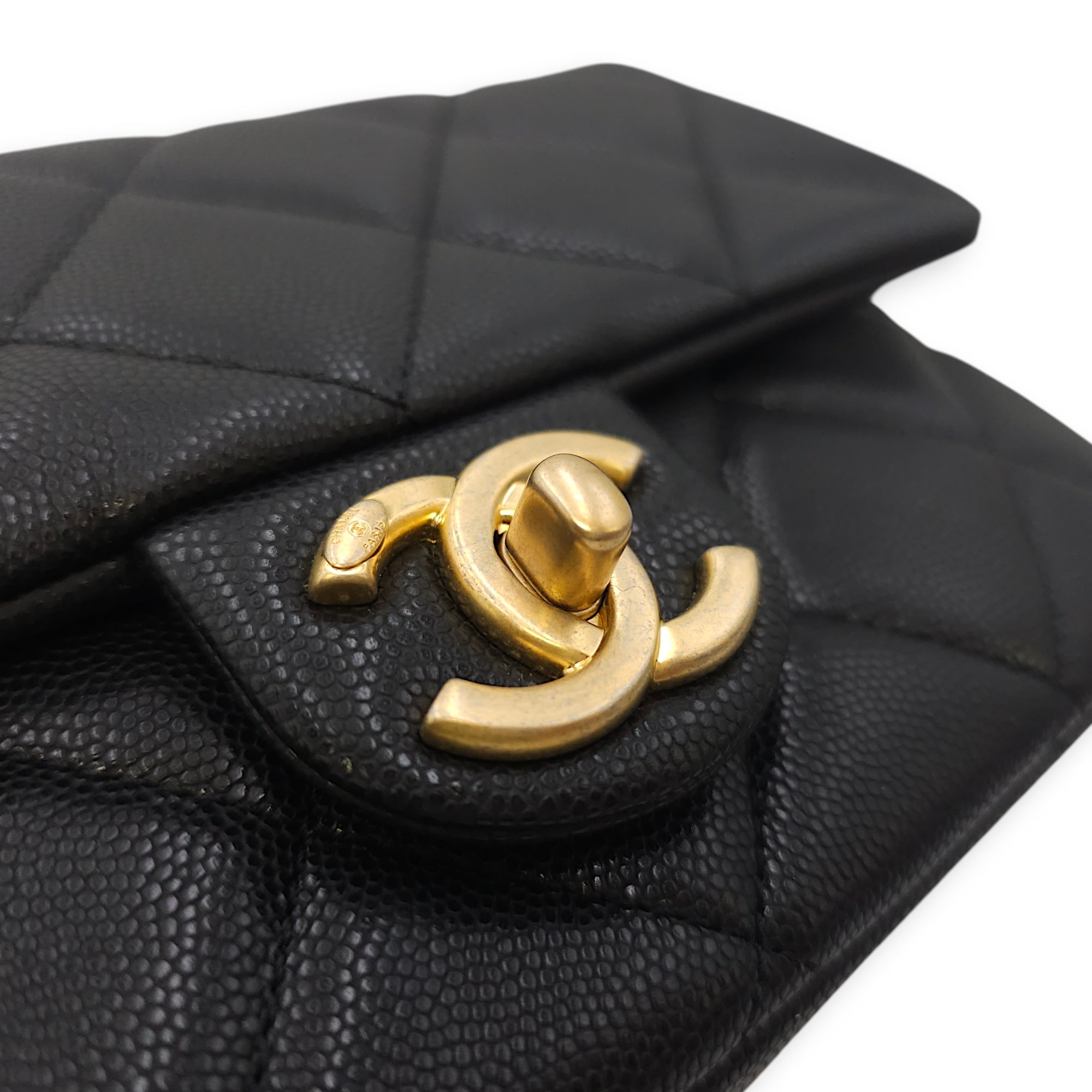 Quilted CC Coin Chain Small Black Flap Bag in Caviar Leather, Gold hardware