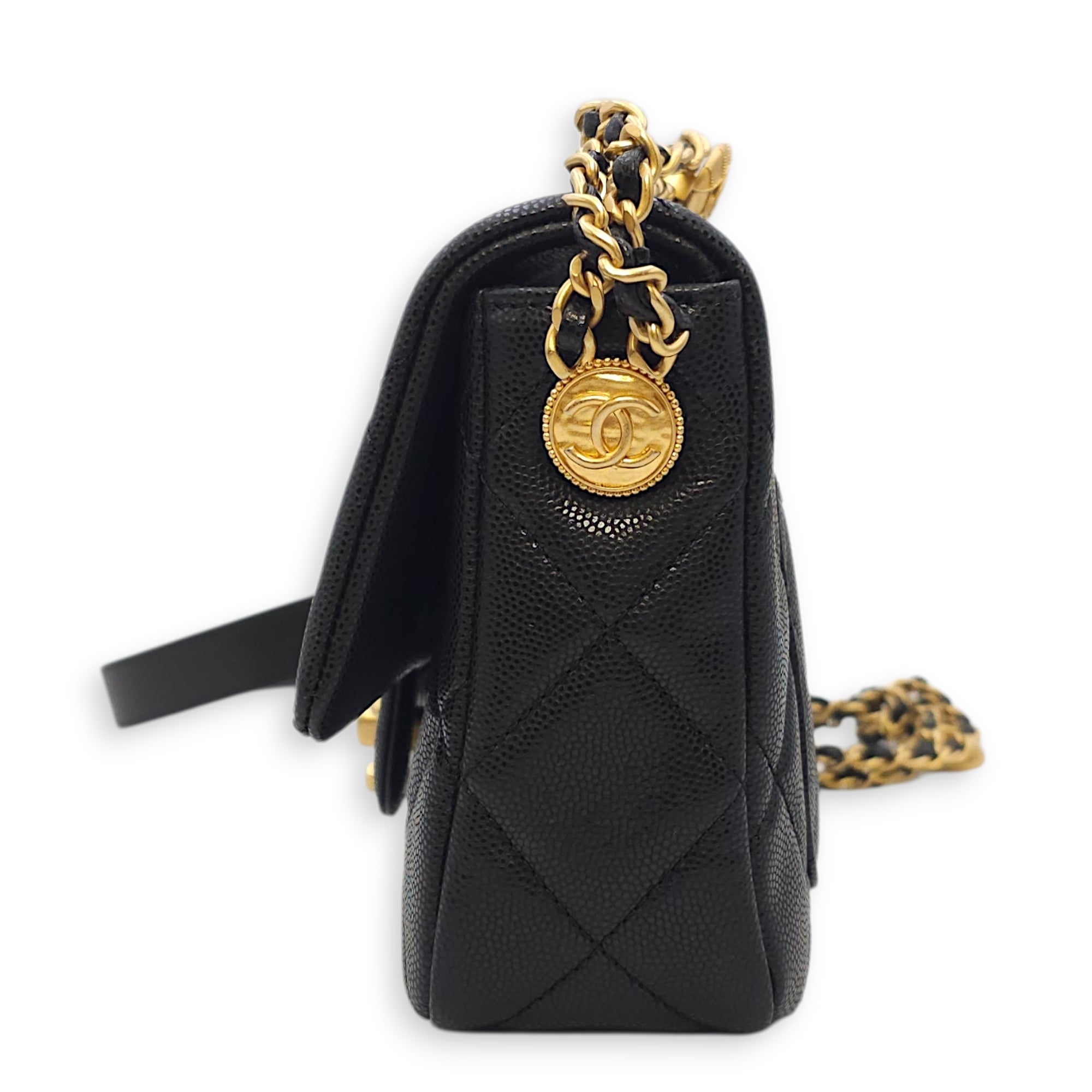 Quilted CC Coin Chain Small Black Flap Bag in Caviar Leather, Gold hardware