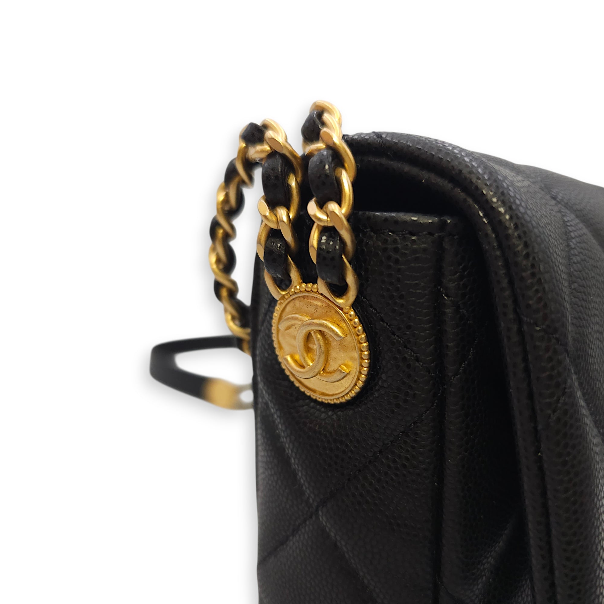 Quilted CC Coin Chain Small Black Flap Bag in Caviar Leather, Gold hardware