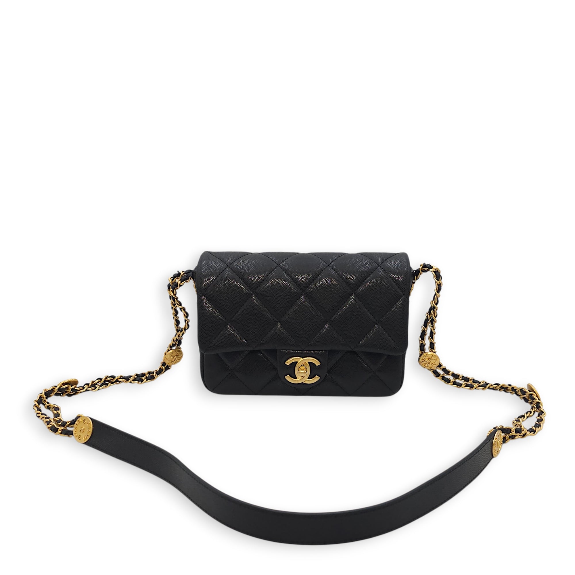 Quilted CC Coin Chain Small Black Flap Bag in Caviar Leather, Gold hardware