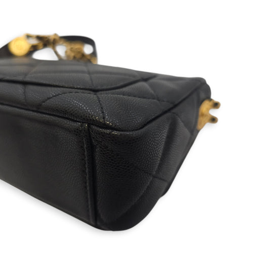Quilted CC Coin Chain Small Black Flap Bag in Caviar Leather, Gold hardware