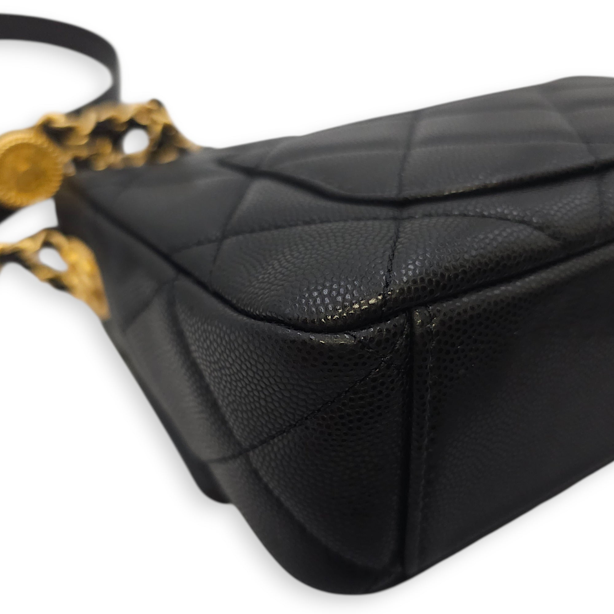 Quilted CC Coin Chain Small Black Flap Bag in Caviar Leather, Gold hardware