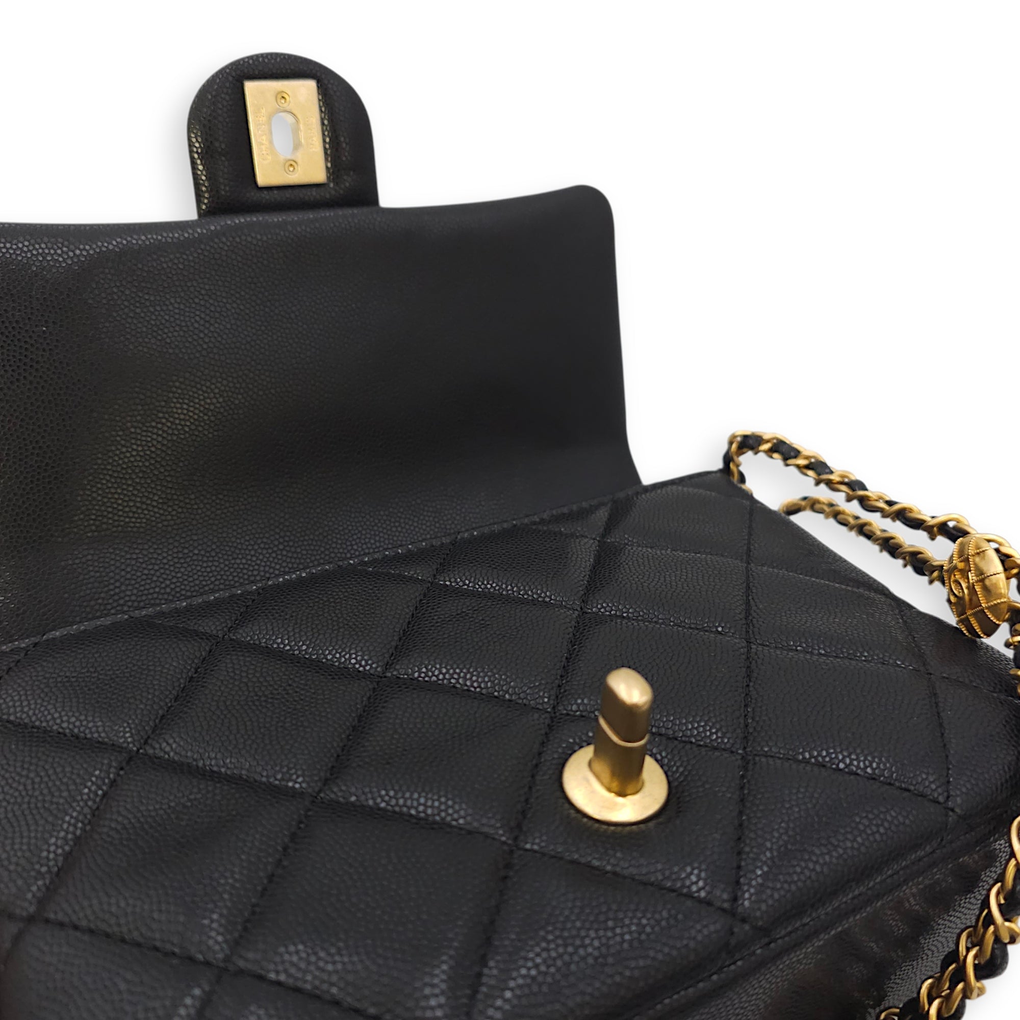 Quilted CC Coin Chain Small Black Flap Bag in Caviar Leather, Gold hardware