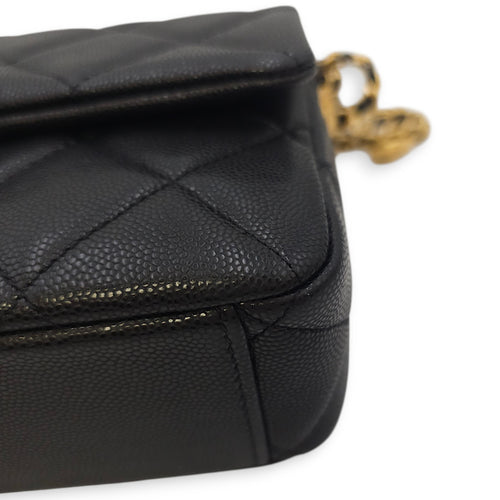Quilted CC Coin Chain Small Black Flap Bag in Caviar Leather, Gold hardware