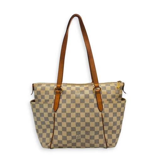 Totally Damier Azur PM White Shoulder Bag in Canvas, Gold hardware