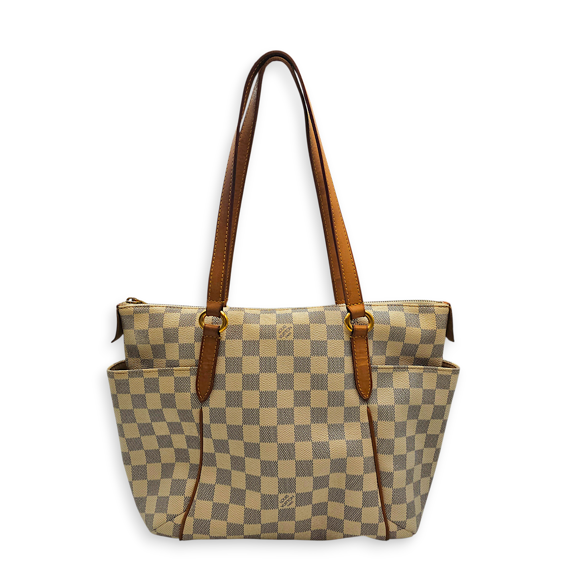 Totally Damier Azur PM White Shoulder Bag in Canvas, Gold hardware