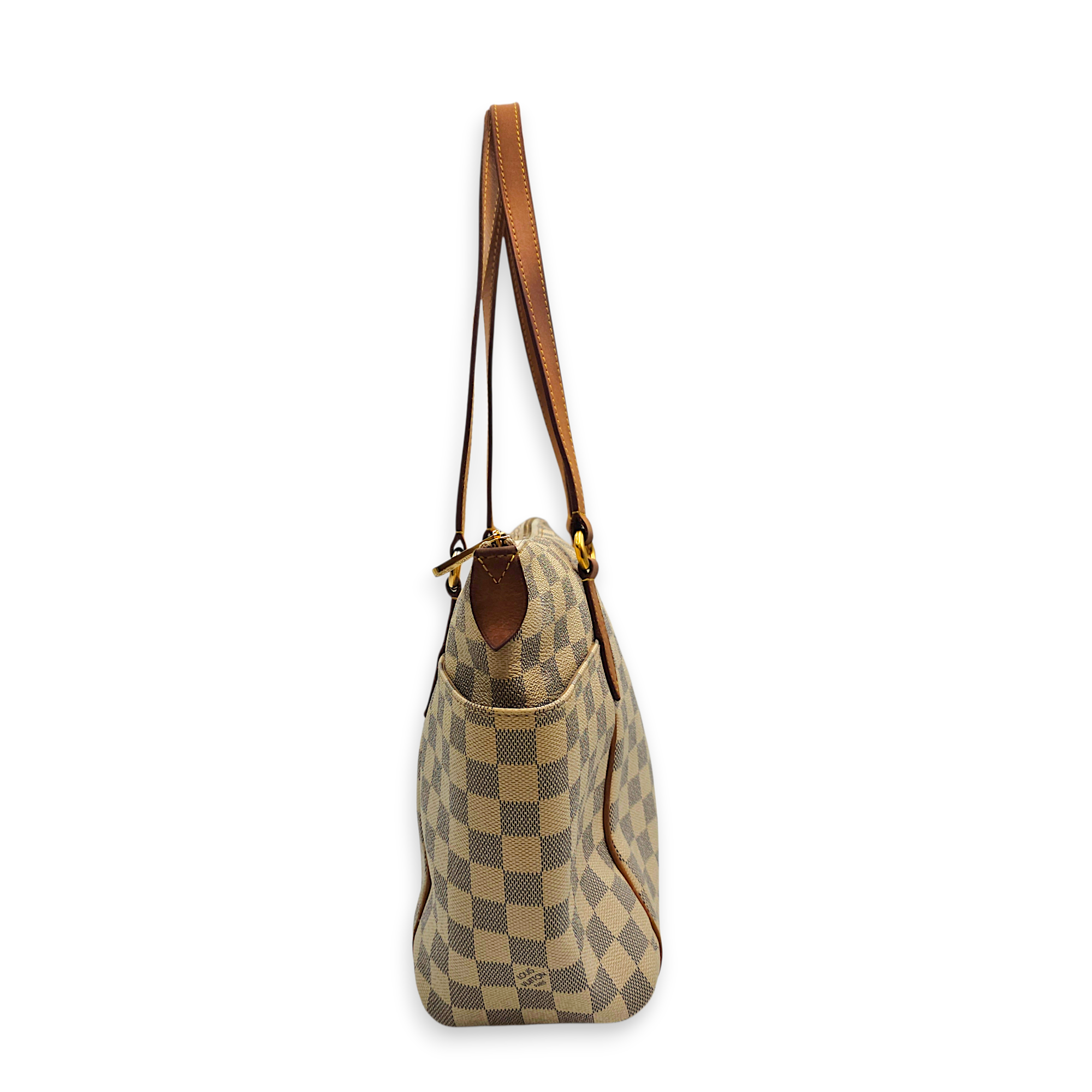 Totally Damier Azur PM White Shoulder Bag in Canvas, Gold hardware