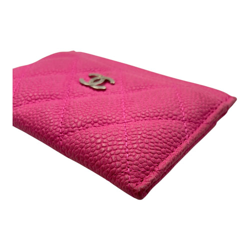 Quilted CC Logo Pink Card Holder in Caviar Leather, Silver hardware