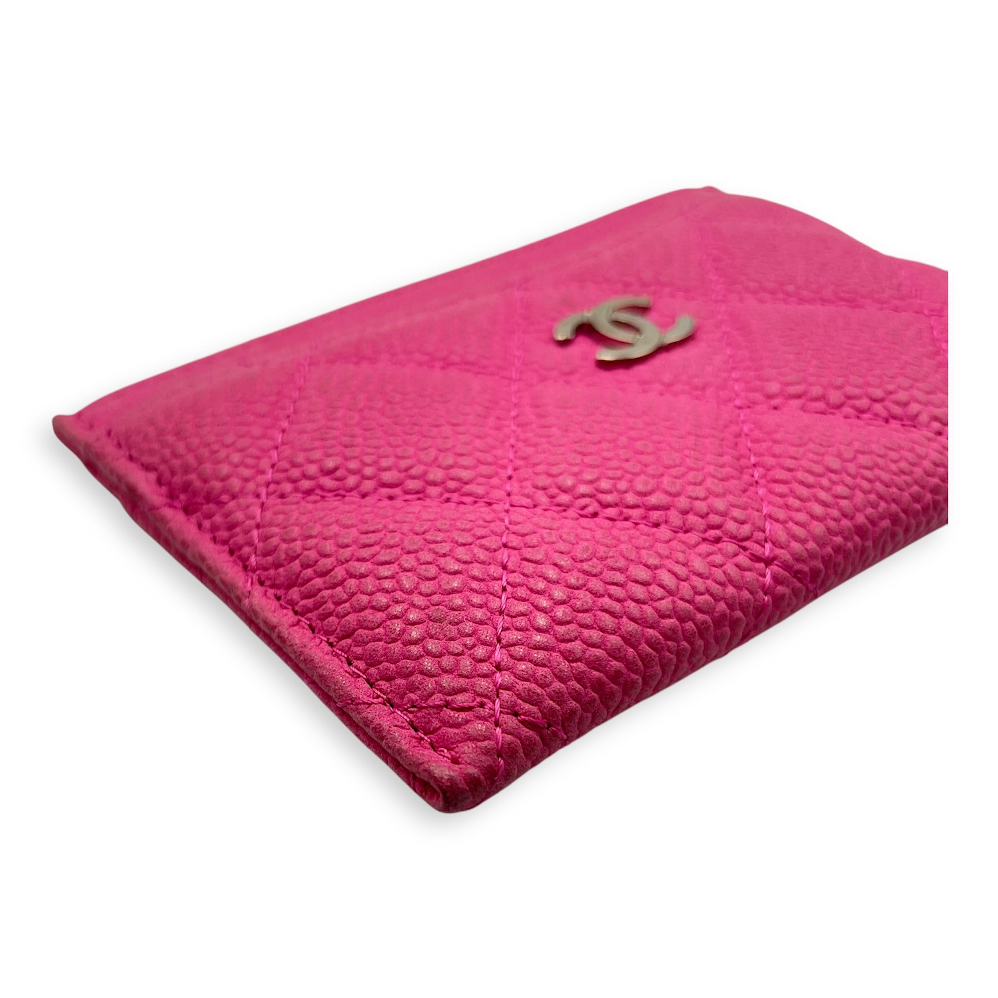 Quilted CC Logo Pink Card Holder in Caviar Leather, Silver hardware