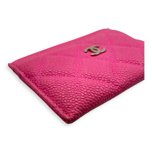 Quilted CC Logo Pink Card Holder in Caviar Leather, Silver hardware