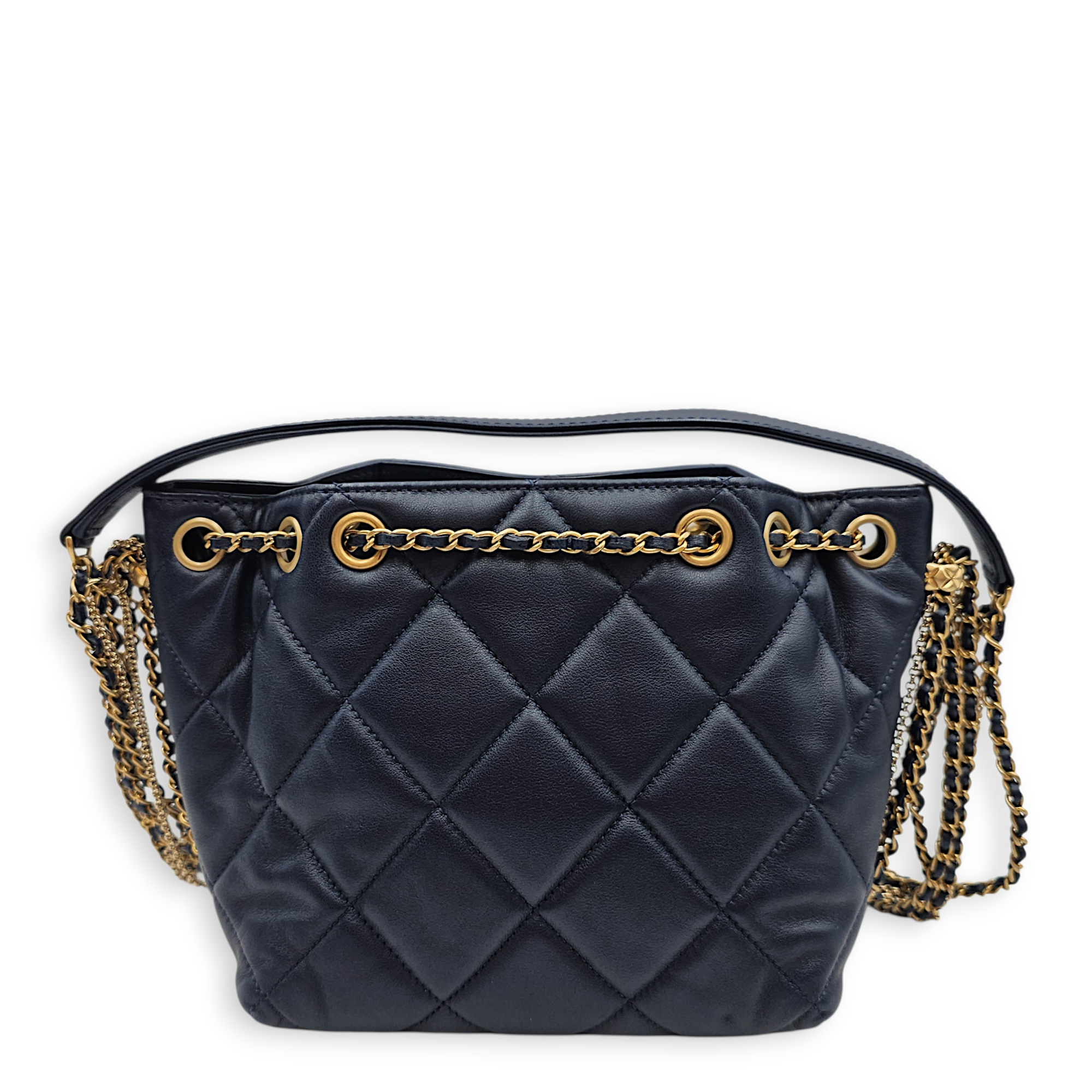 CC Drawstring Bucket Navy Blue Crossbody Bag in Lambskin, Pearl/Gold hardware