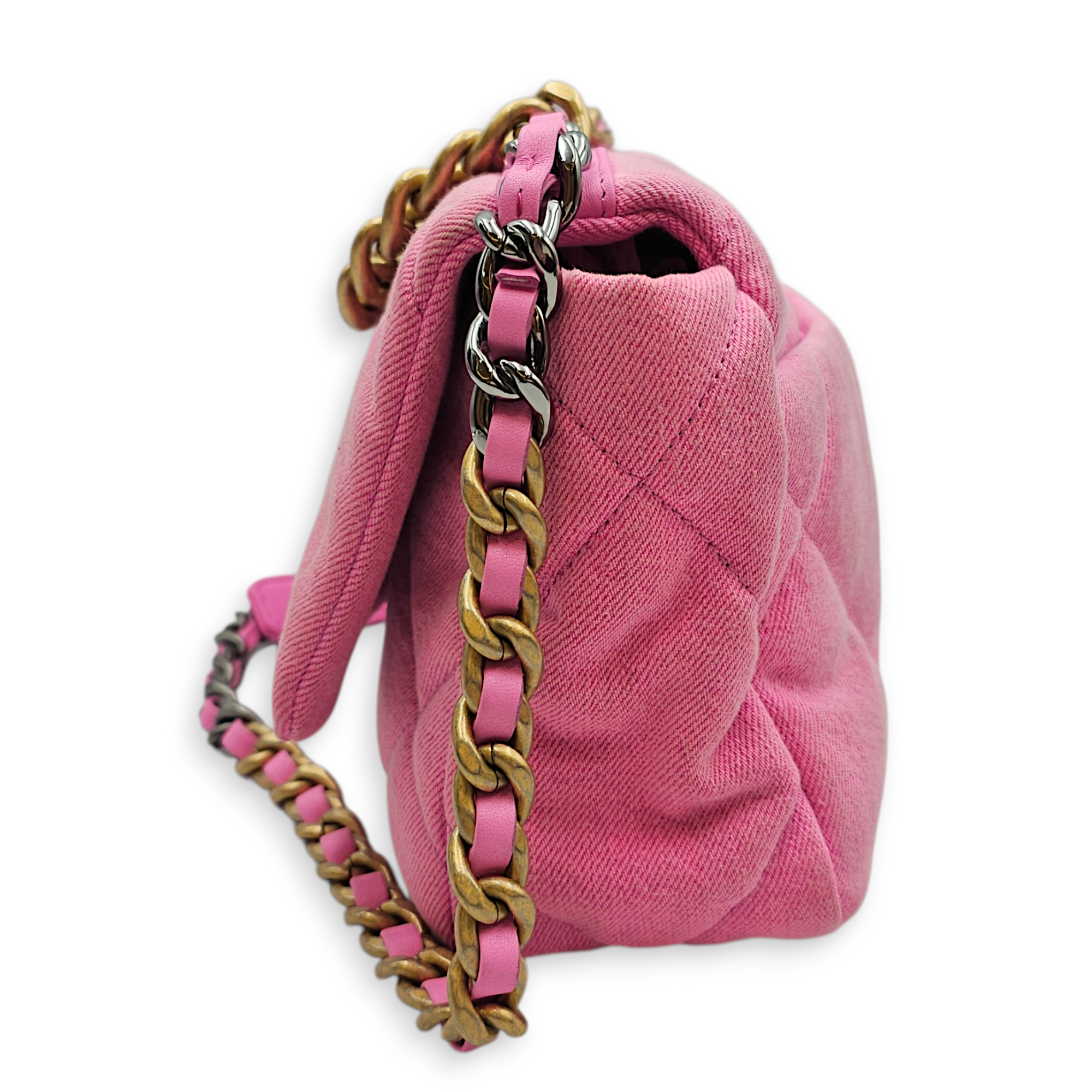 C19 Shocking Pink Flap Bag in Denim, Tri-Tone hardware