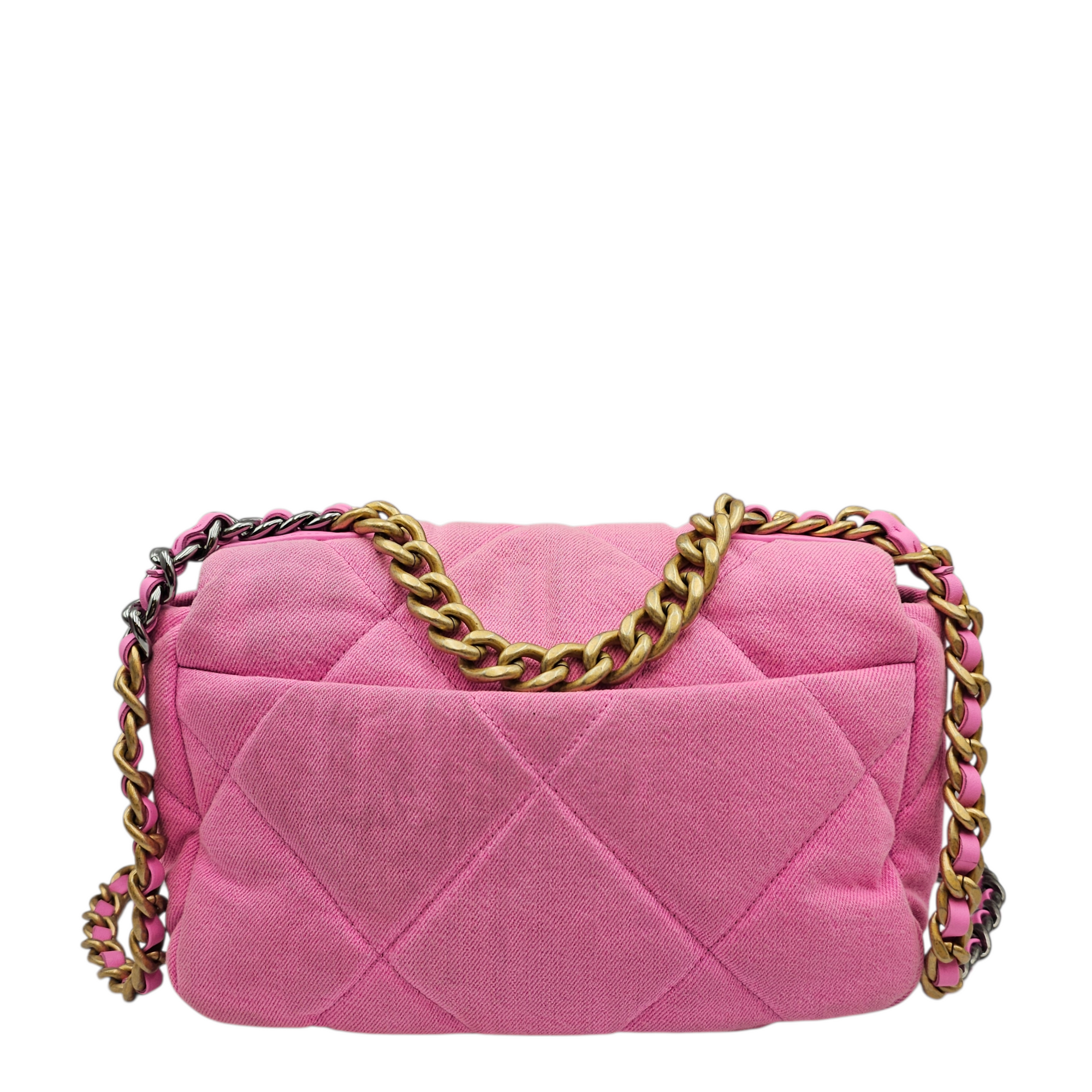 C19 Shocking Pink Flap Bag in Denim, Tri-Tone hardware