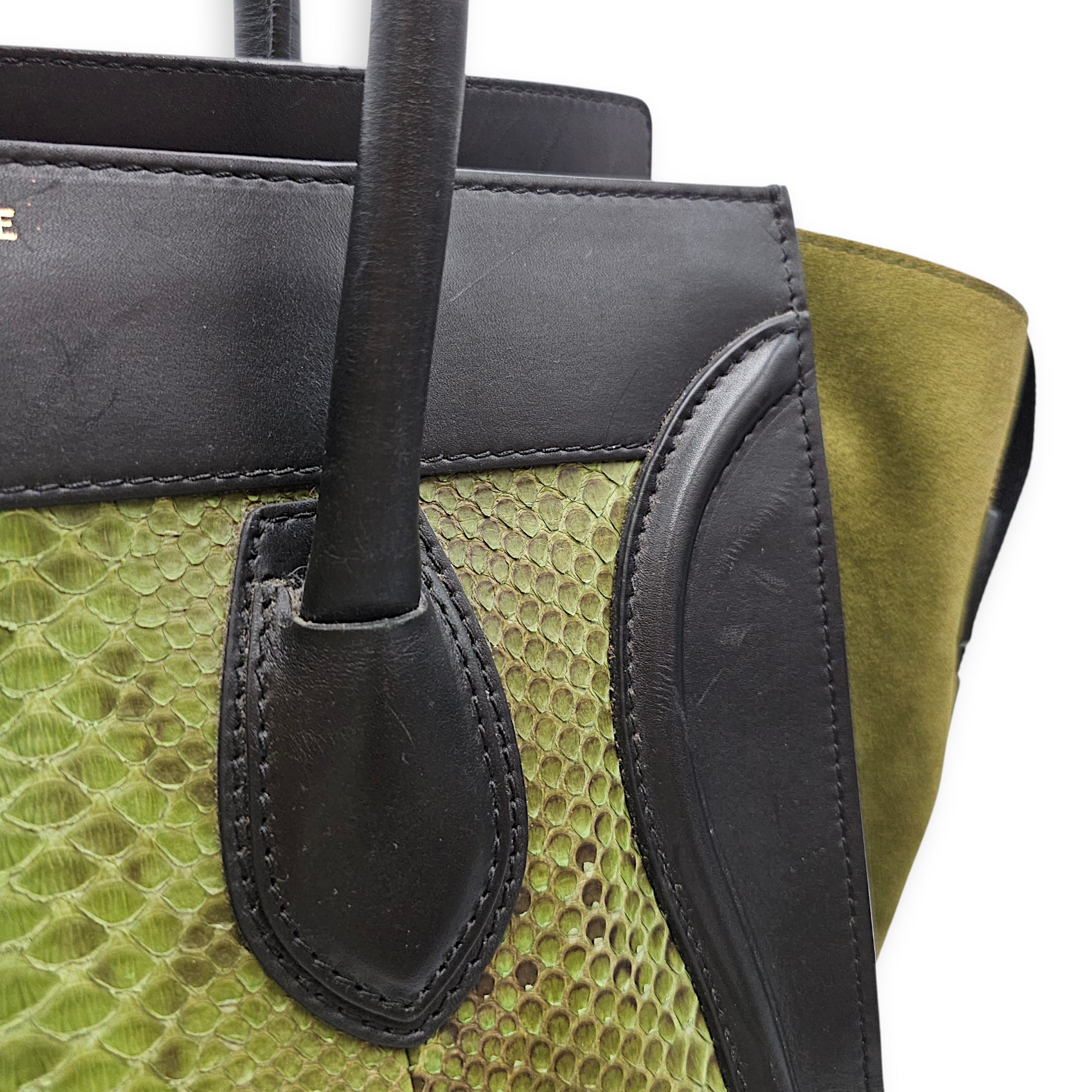 Luggage Mini Green Top Handle Bag in Python Leather, Gold hardware