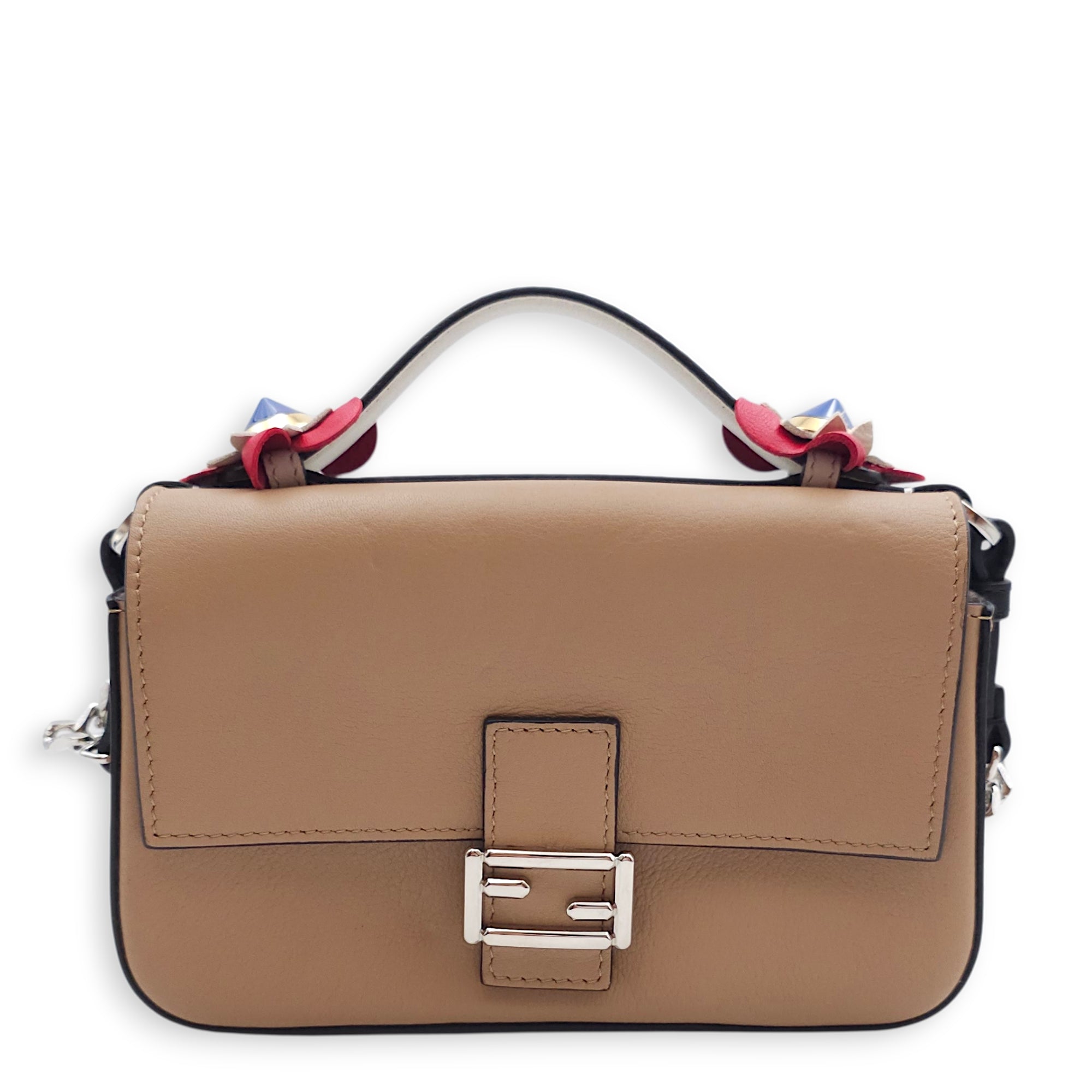 Double Baguette with Floral Appliques Micro Black/Beige Crossbody Bag in Nappa Leather, Silver hardware