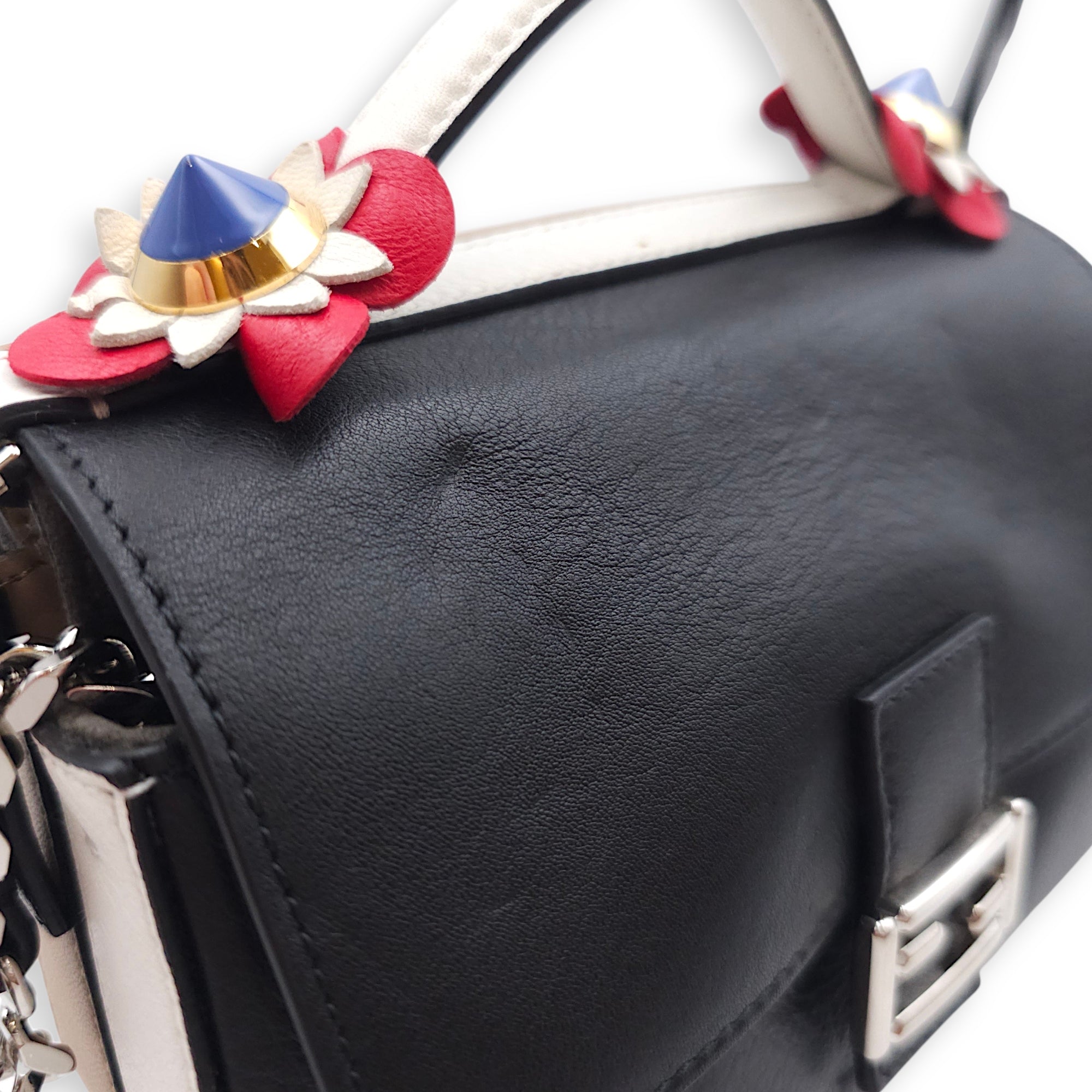 Double Baguette with Floral Appliques Micro Black/Beige Crossbody Bag in Nappa Leather, Silver hardware