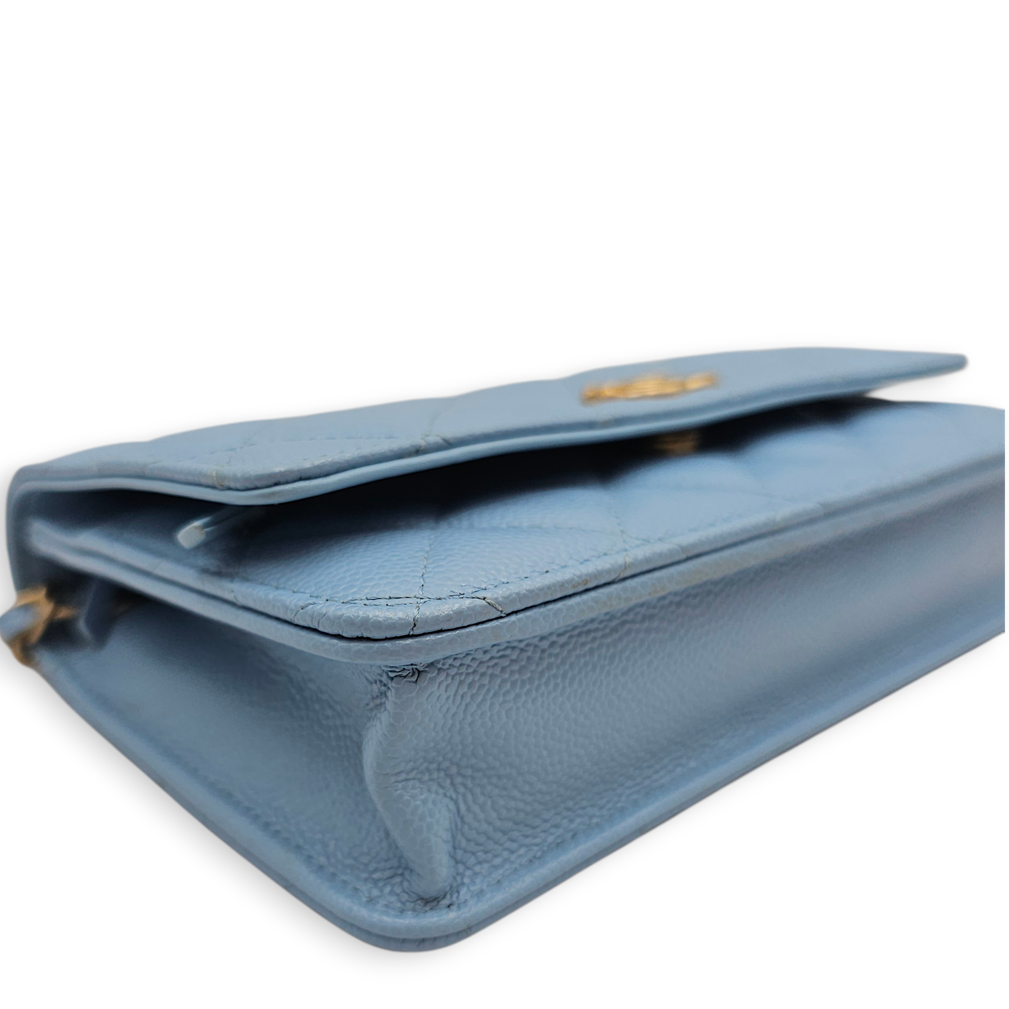 Quilted Top Handle Baby Blue Wallet on Chain in Caviar Leather, Gold hardware